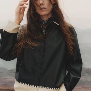 H&M Coated Colorblock Shirt Black/Cream Contrast-Trim Women's Jacket